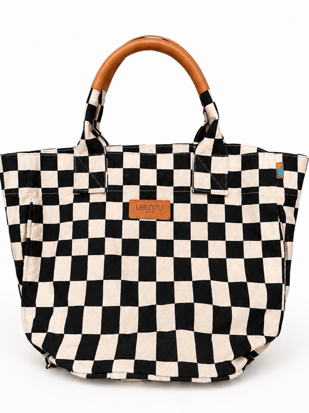 UBUNTU Black & White Check Canvas Tote with leather Handles